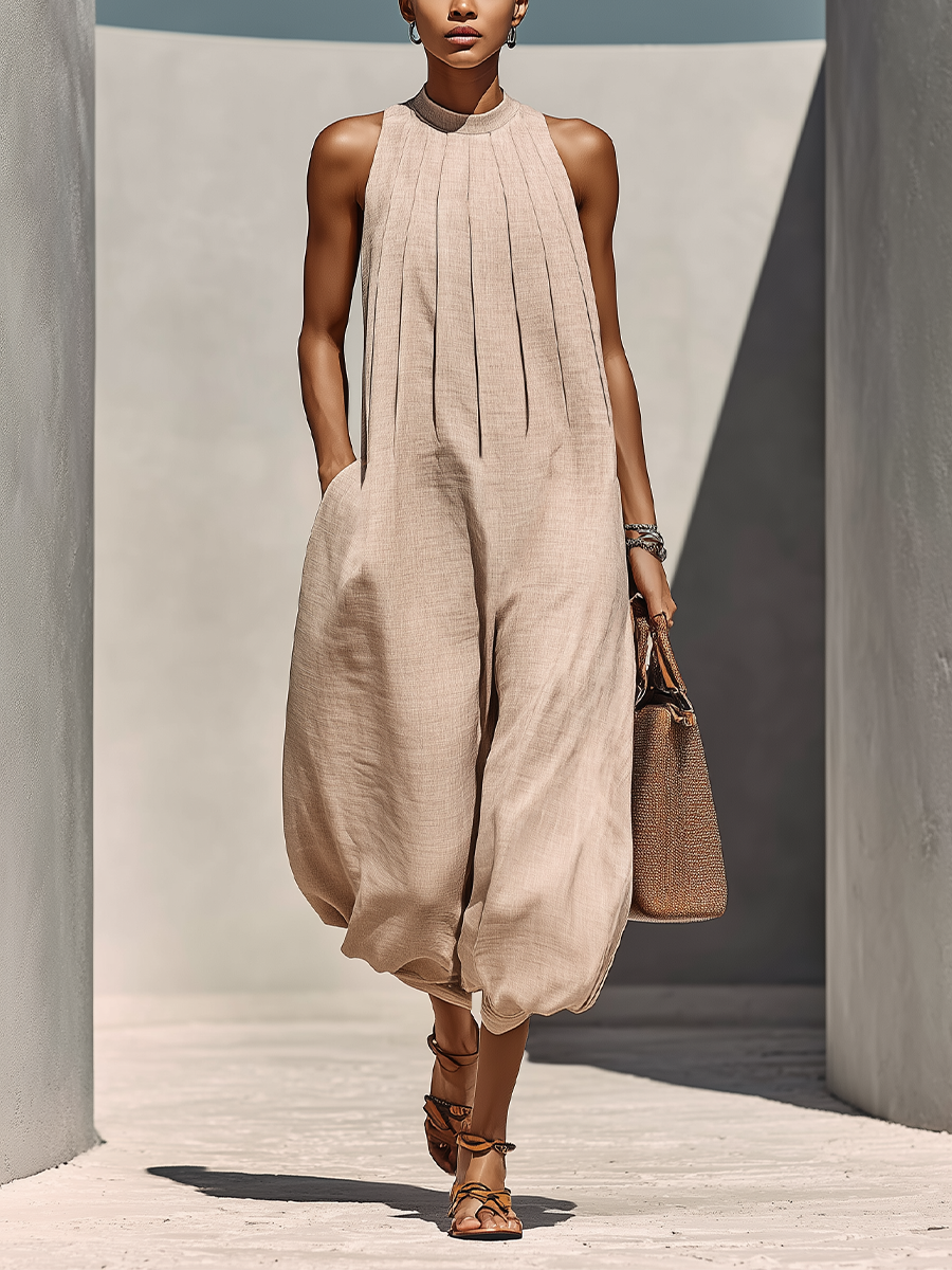 Faustine | Women's Round Neck Linen Jumpsuit