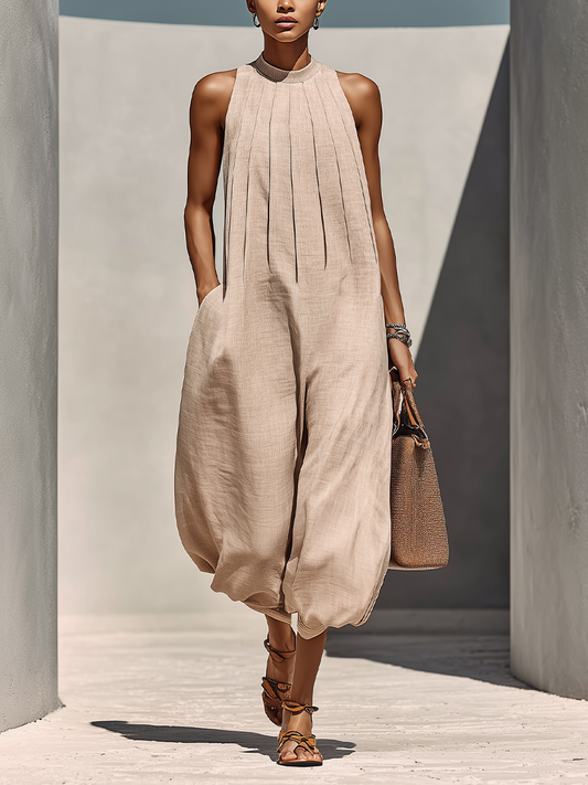 Faustine | Women's Round Neck Linen Jumpsuit