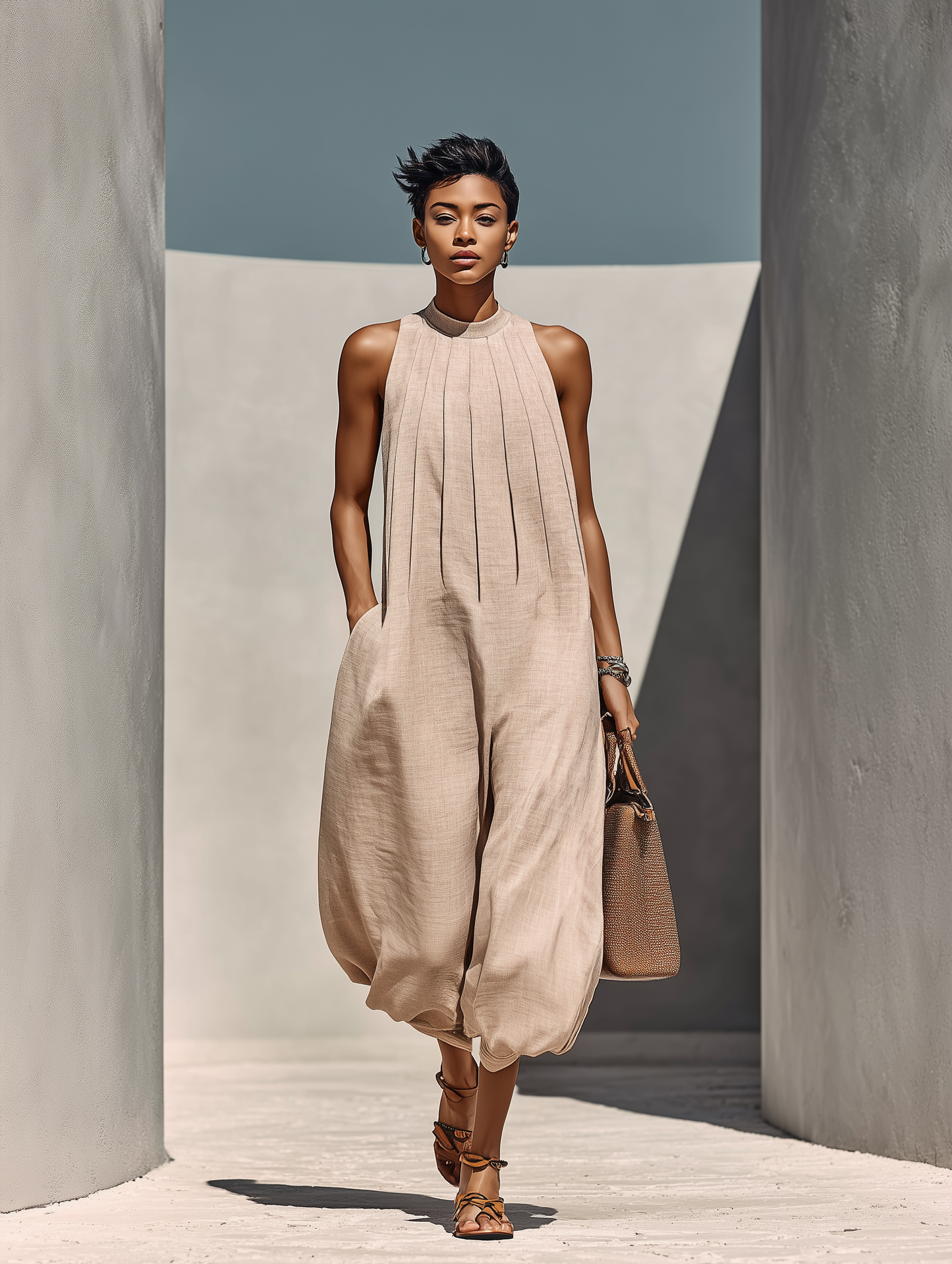 Faustine | Women's Round Neck Linen Jumpsuit