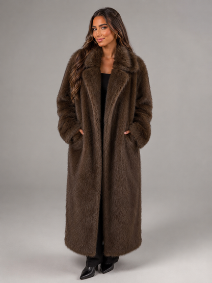 Celestine | Oversized Collar Full-Length Faux Fur Coat