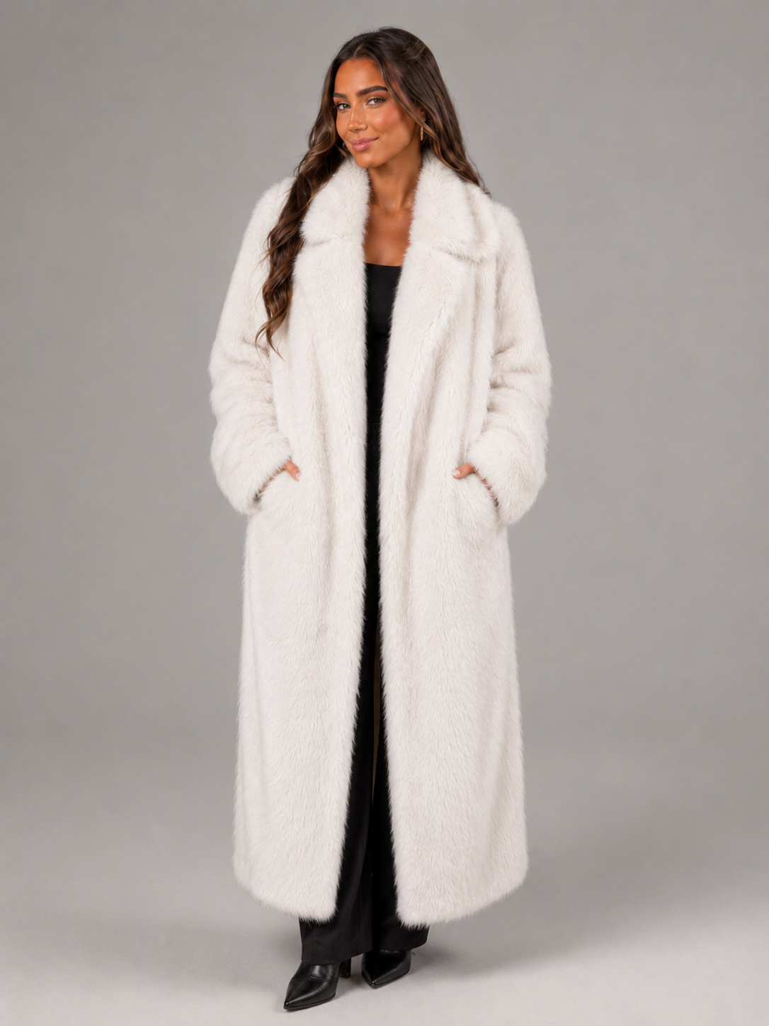 Celestine | Oversized Collar Full-Length Faux Fur Coat