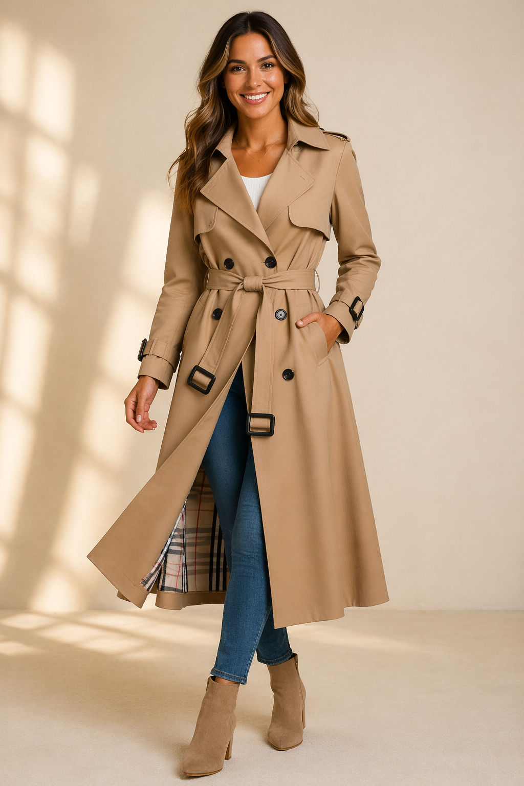 Celoura | Classic Double Breasted Trench Coat with Belt
