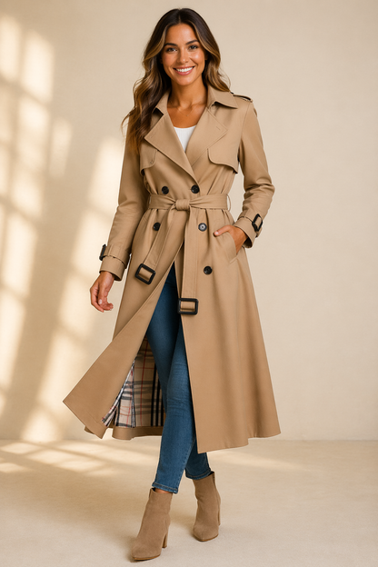 Celoura | Classic Double Breasted Trench Coat with Belt