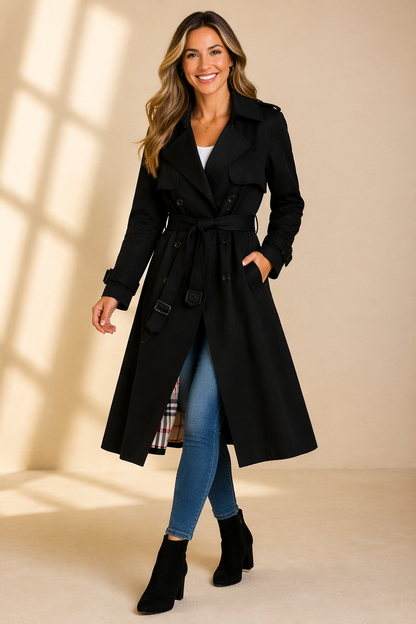 Celoura | Classic Double Breasted Trench Coat with Belt