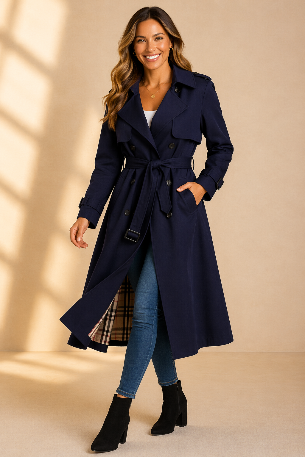 Celoura | Classic Double Breasted Trench Coat with Belt