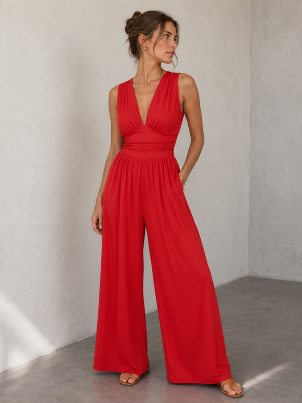 Odette | V-Neck Sleeveless Wide-Leg Jumpsuit