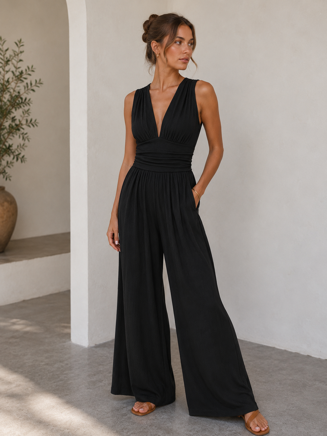 Odette | V-Neck Sleeveless Wide-Leg Jumpsuit