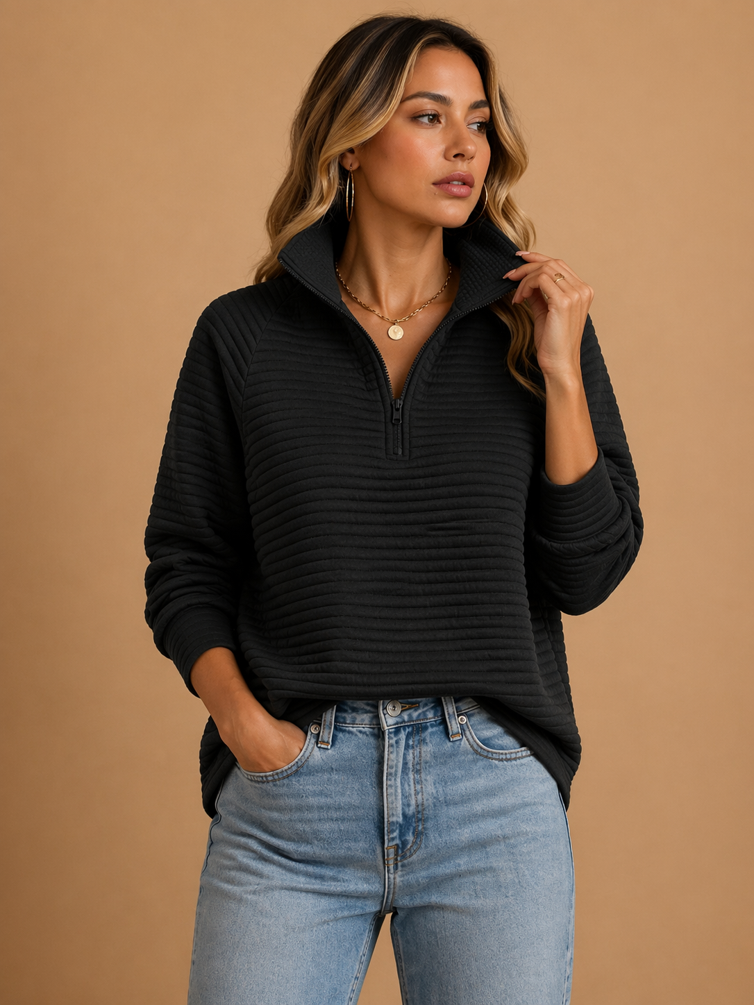 Mirelle | Half Zip Funnel Neck Knit Sweater