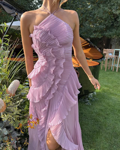 Lucienne | Halter Neck Ruffle Asymmetric Maxi Dress