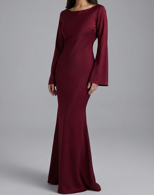 Isabeau | Long Sleeve Satin Maxi Evening Gown