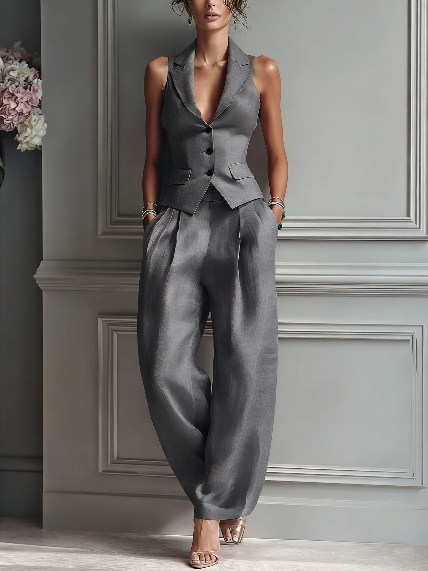Leonie | Linen Waistcoat & Wide-Leg Trouser Set