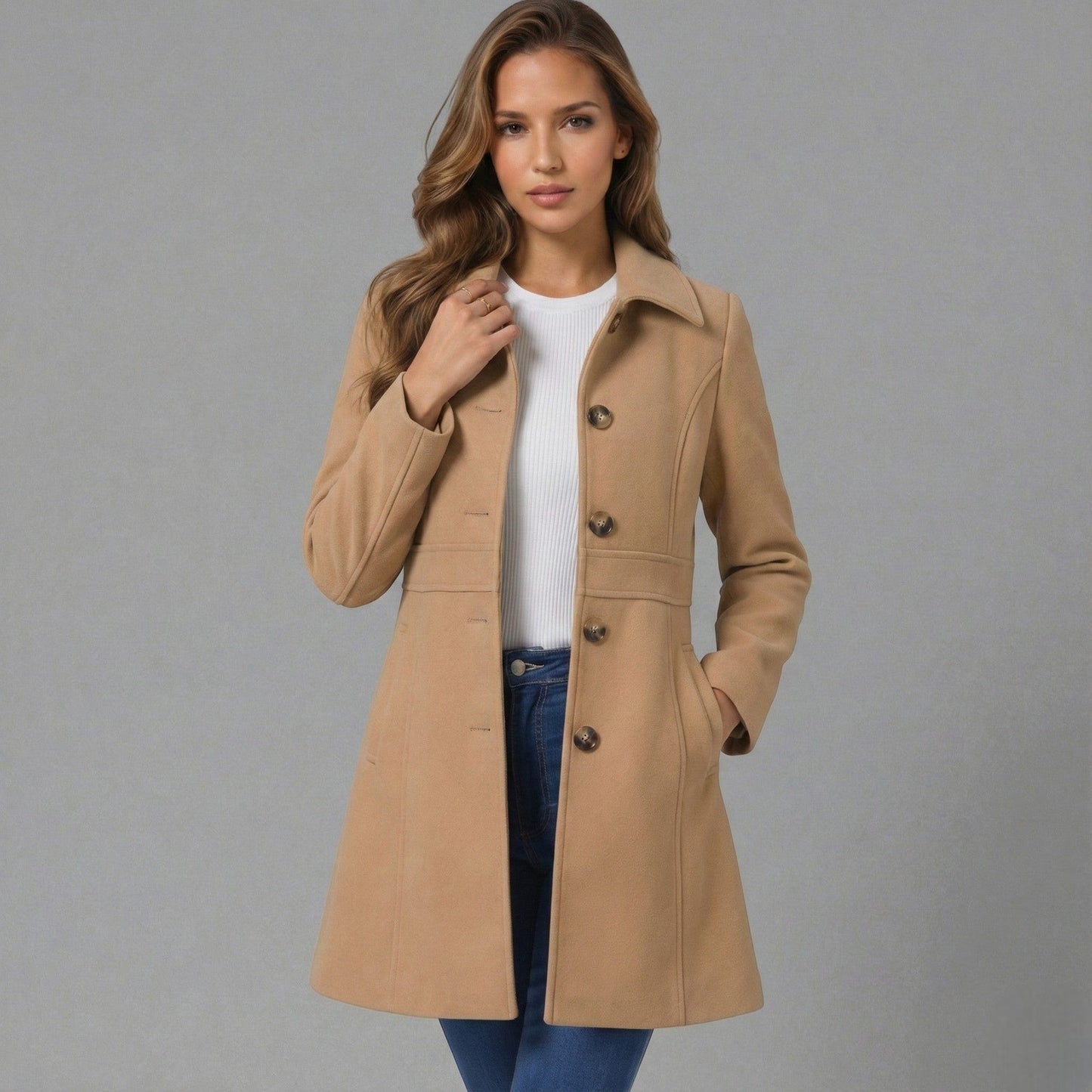 Emmara | Elegant A-Line Coat Button Closure