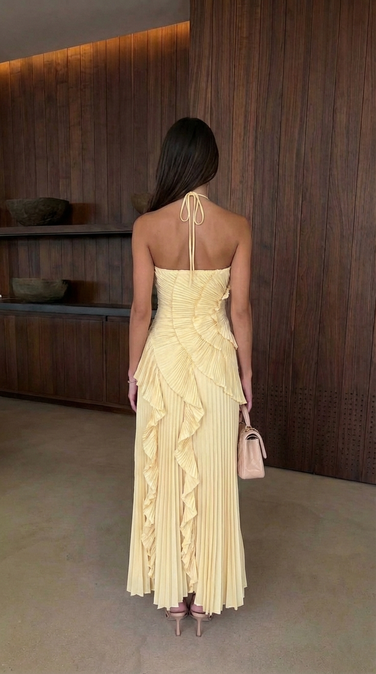 Lucienne | Halter Neck Ruffle Asymmetric Maxi Dress