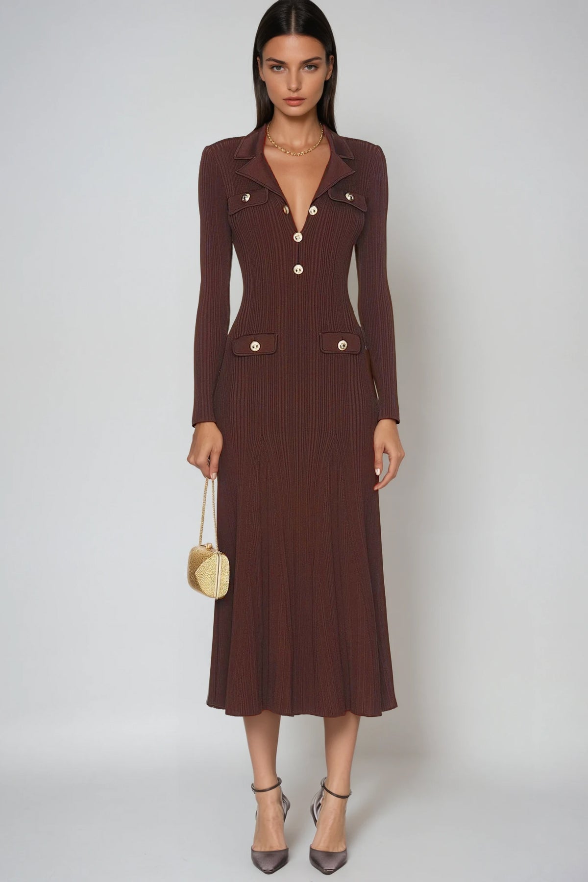 Rosalie | V-Neck Button Knit Midi Dress