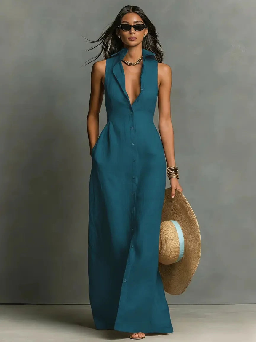 Margaux | Classic Collar Linen Maxi Shirt Dress