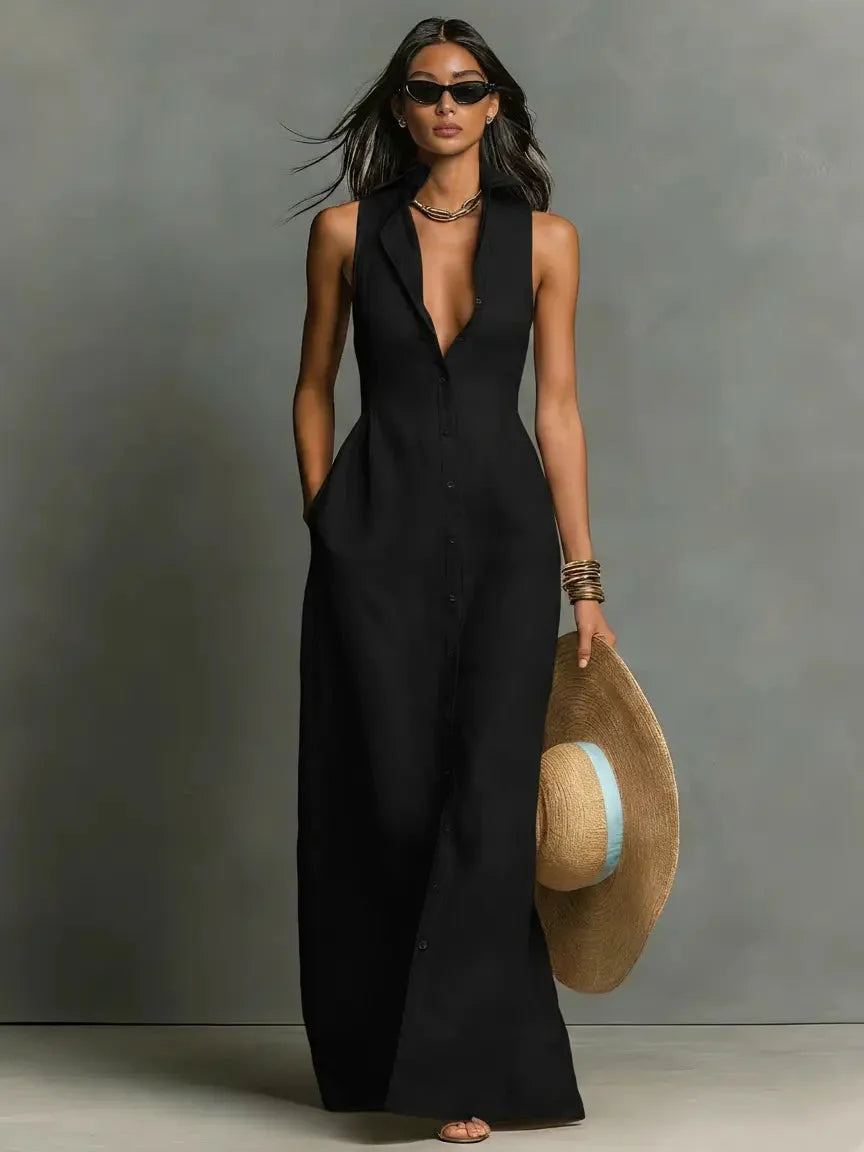 Margaux | Classic Collar Linen Maxi Shirt Dress
