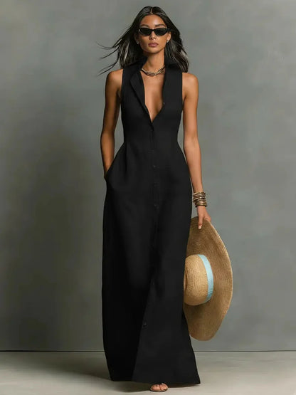 Margaux | Classic Collar Linen Maxi Shirt Dress
