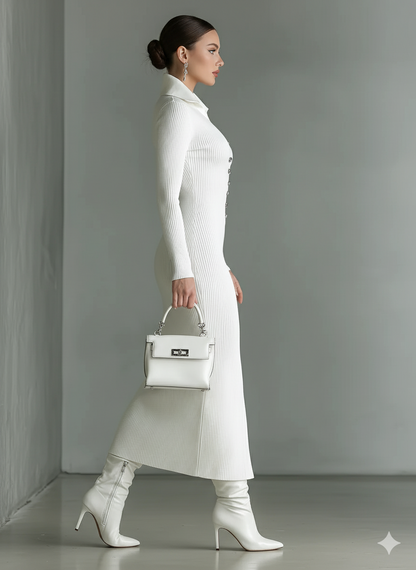Alvara | Slim Fit Knit Midi Dress with Polo Neck