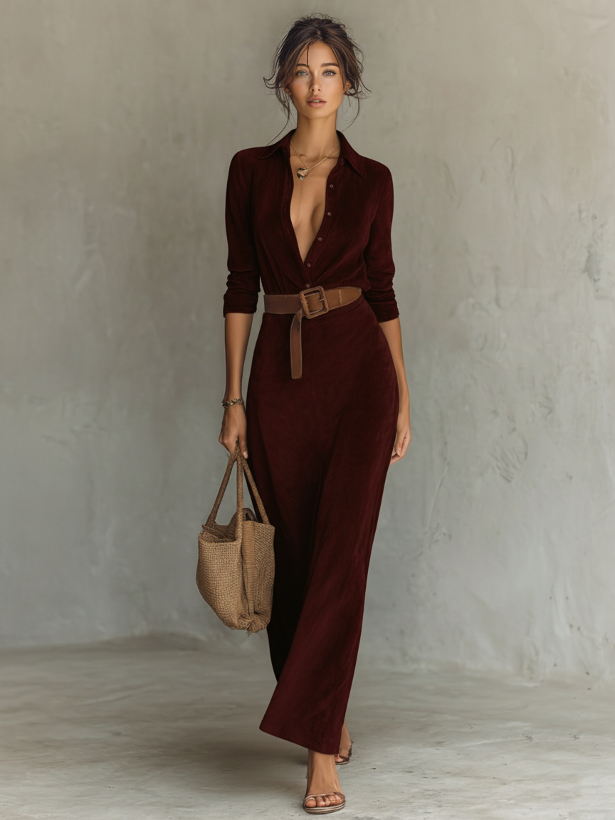 Suvera | Belted Suede Maxi Dress with Lapel Collar