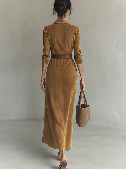 Suvera | Belted Suede Maxi Dress with Lapel Collar