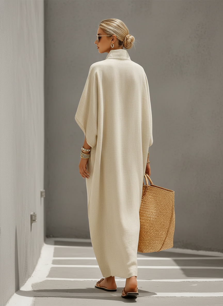 Calista | Mandarin Collar Linen Maxi Dress