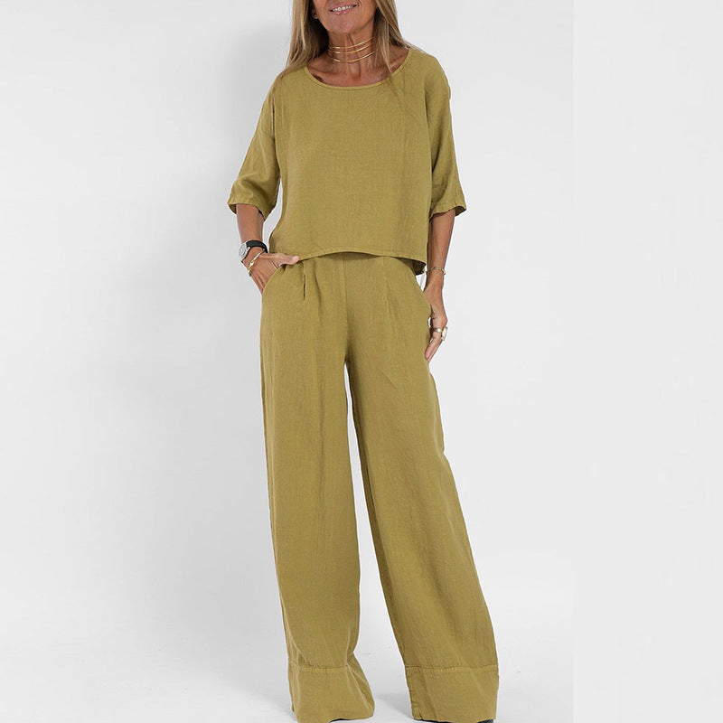 Leonie | Linen Crop Top & Wide-Leg Trouser Set