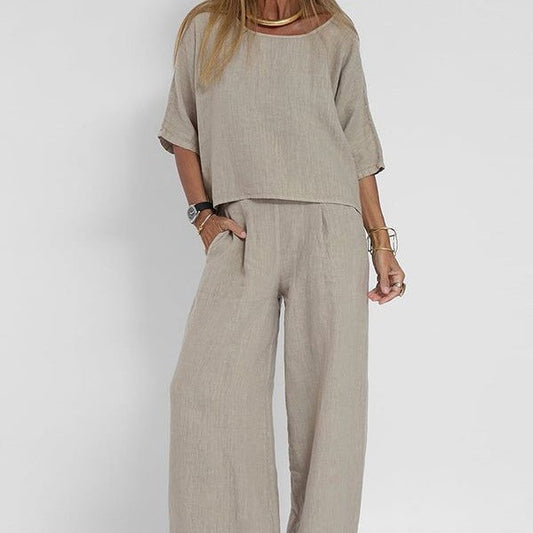 Leonie | Linen Crop Top & Wide-Leg Trouser Set