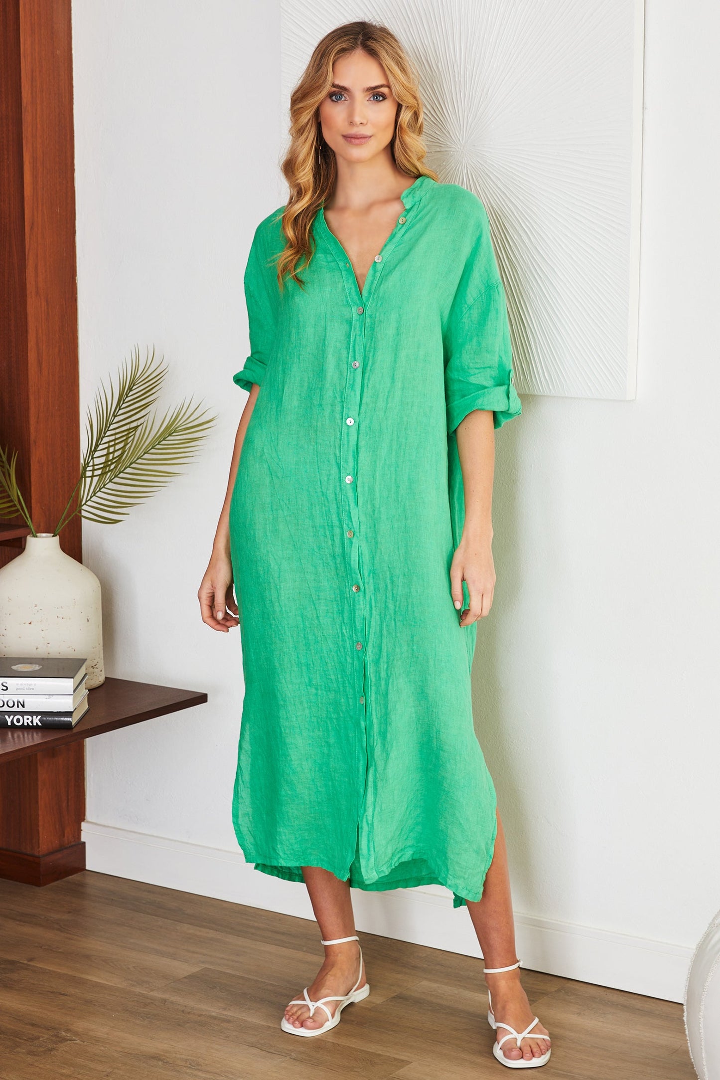 Sandrine | Mandarin Collar Linen Shirt Dress