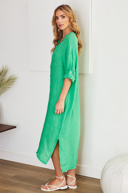 Sandrine | Mandarin Collar Linen Shirt Dress