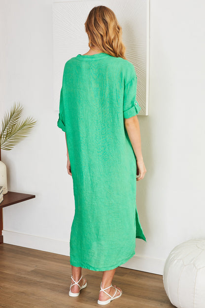 Sandrine | Mandarin Collar Linen Shirt Dress