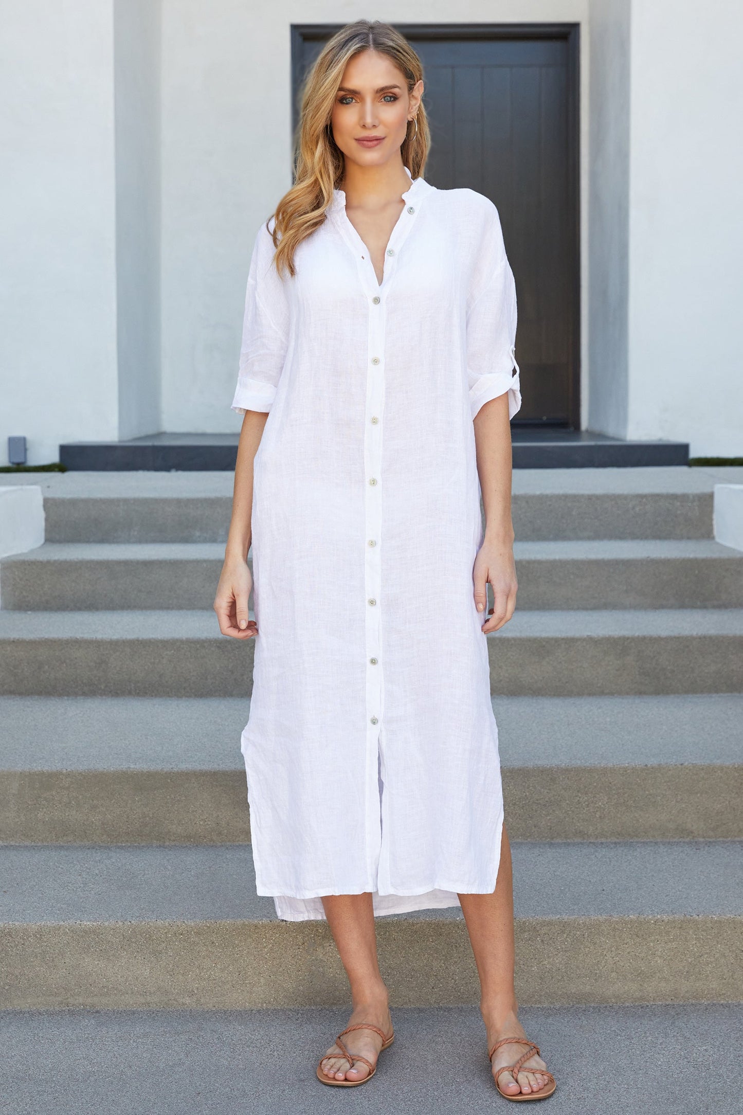 Sandrine | Mandarin Collar Linen Shirt Dress