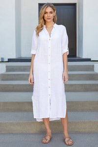 Sandrine | Mandarin Collar Linen Shirt Dress