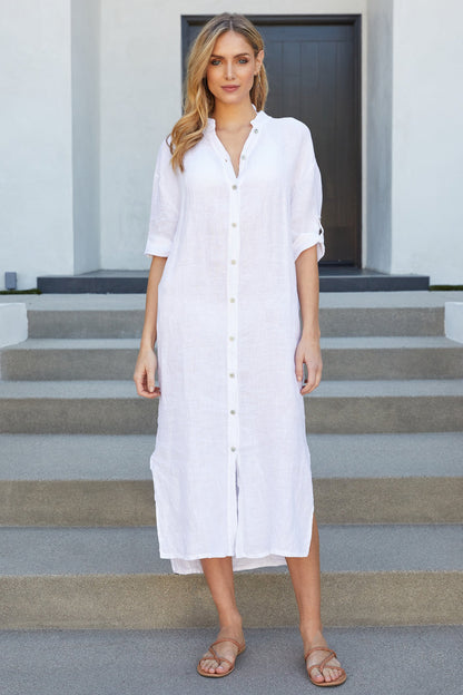Sandrine | Mandarin Collar Linen Shirt Dress