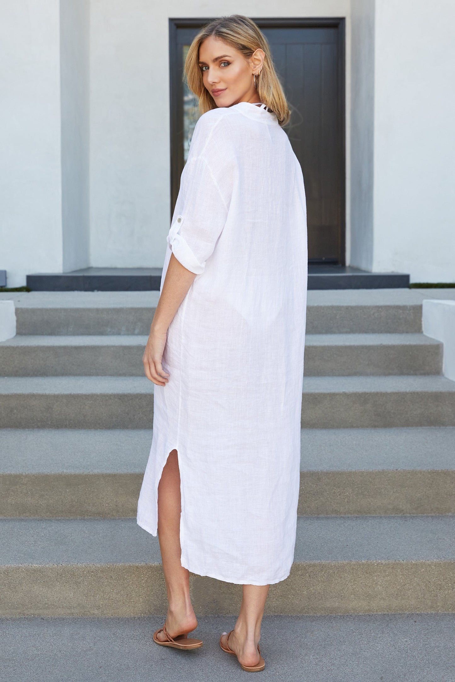 Sandrine | Mandarin Collar Linen Shirt Dress