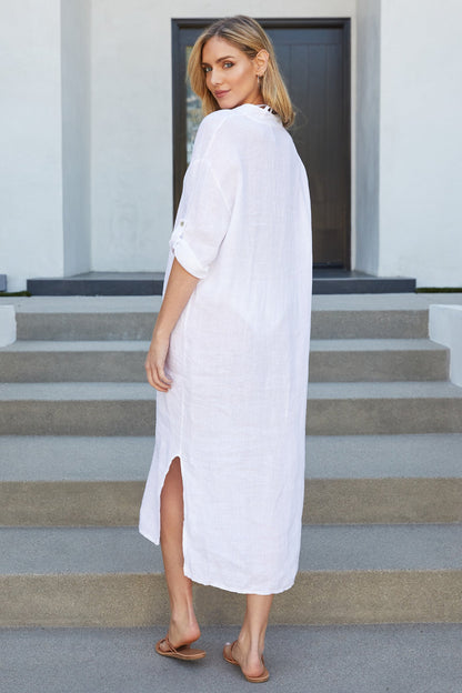 Sandrine | Mandarin Collar Linen Shirt Dress