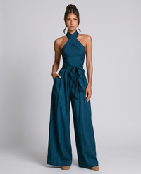 Saskia | Cross Halter Wide-Leg Jumpsuit