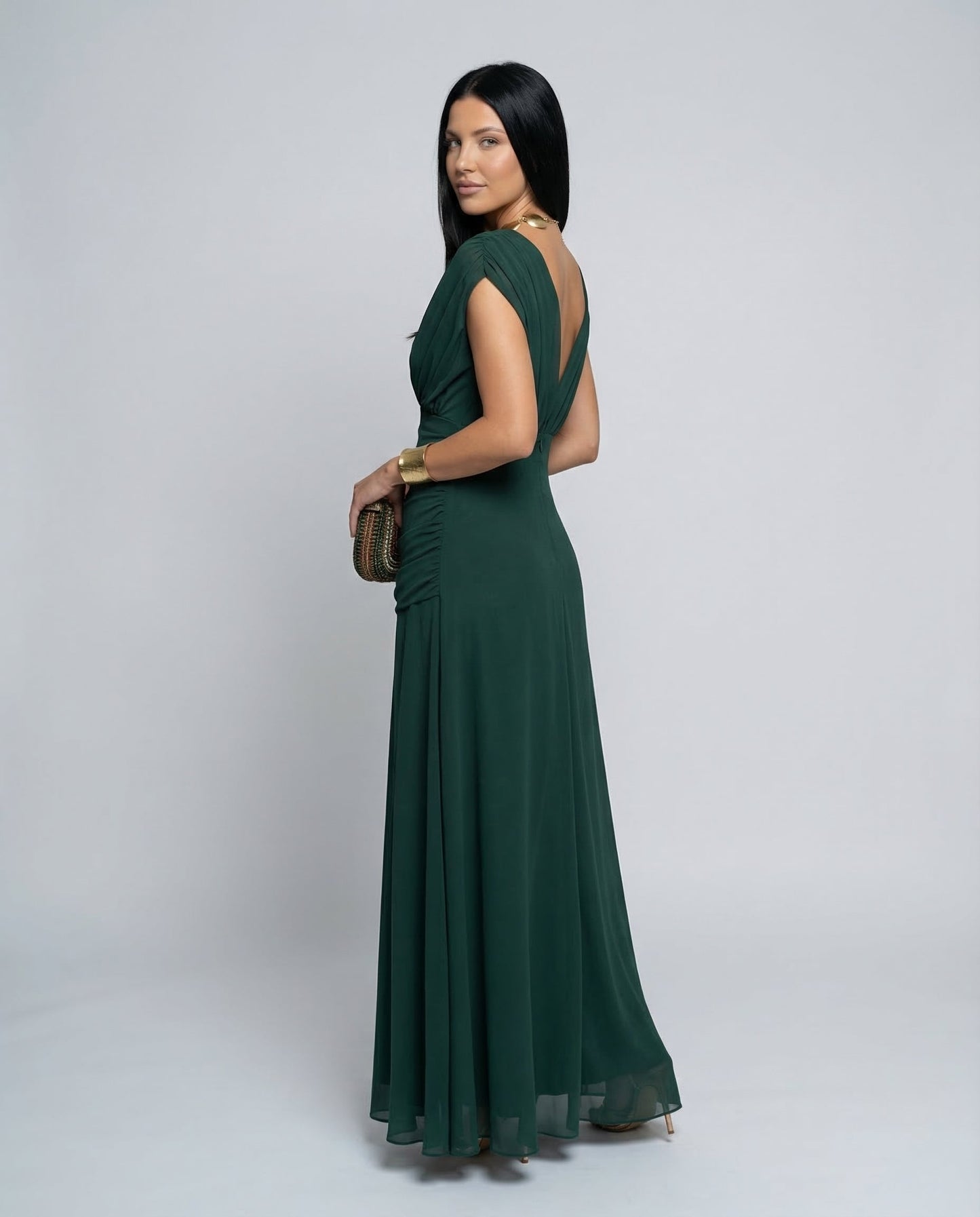 Viviane | Ruched V-Neck Chiffon Maxi Dress