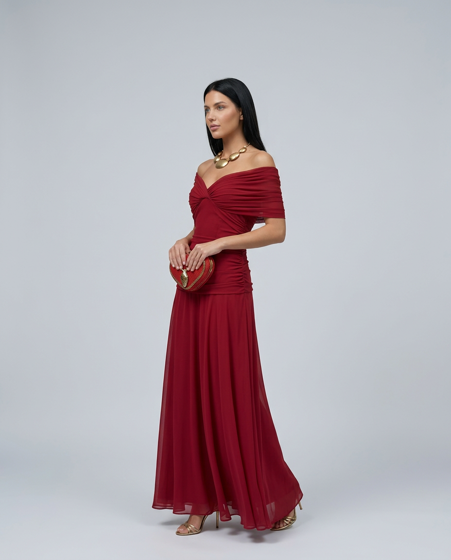 Viviane | Ruched V-Neck Chiffon Maxi Dress