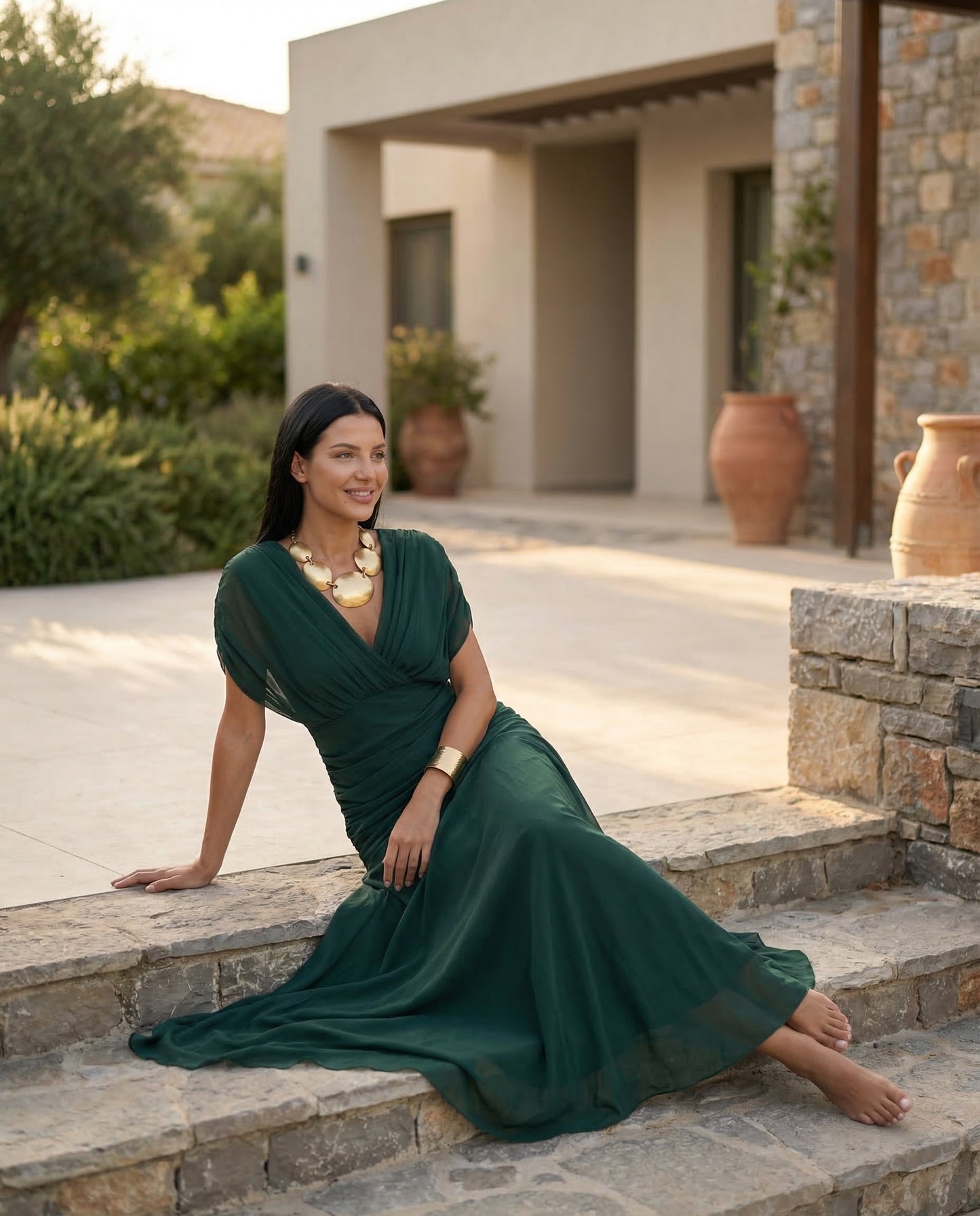 Viviane | Ruched V-Neck Chiffon Maxi Dress