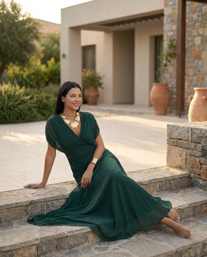 Viviane | Ruched V-Neck Chiffon Maxi Dress