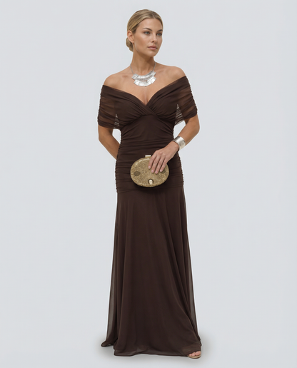 Viviane | Ruched V-Neck Chiffon Maxi Dress