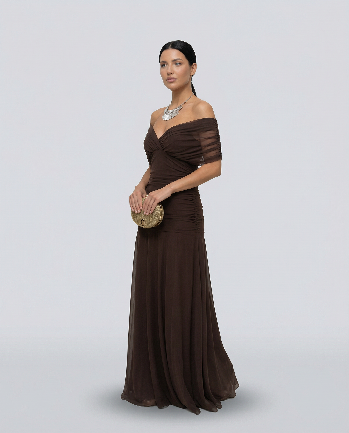 Viviane | Ruched V-Neck Chiffon Maxi Dress