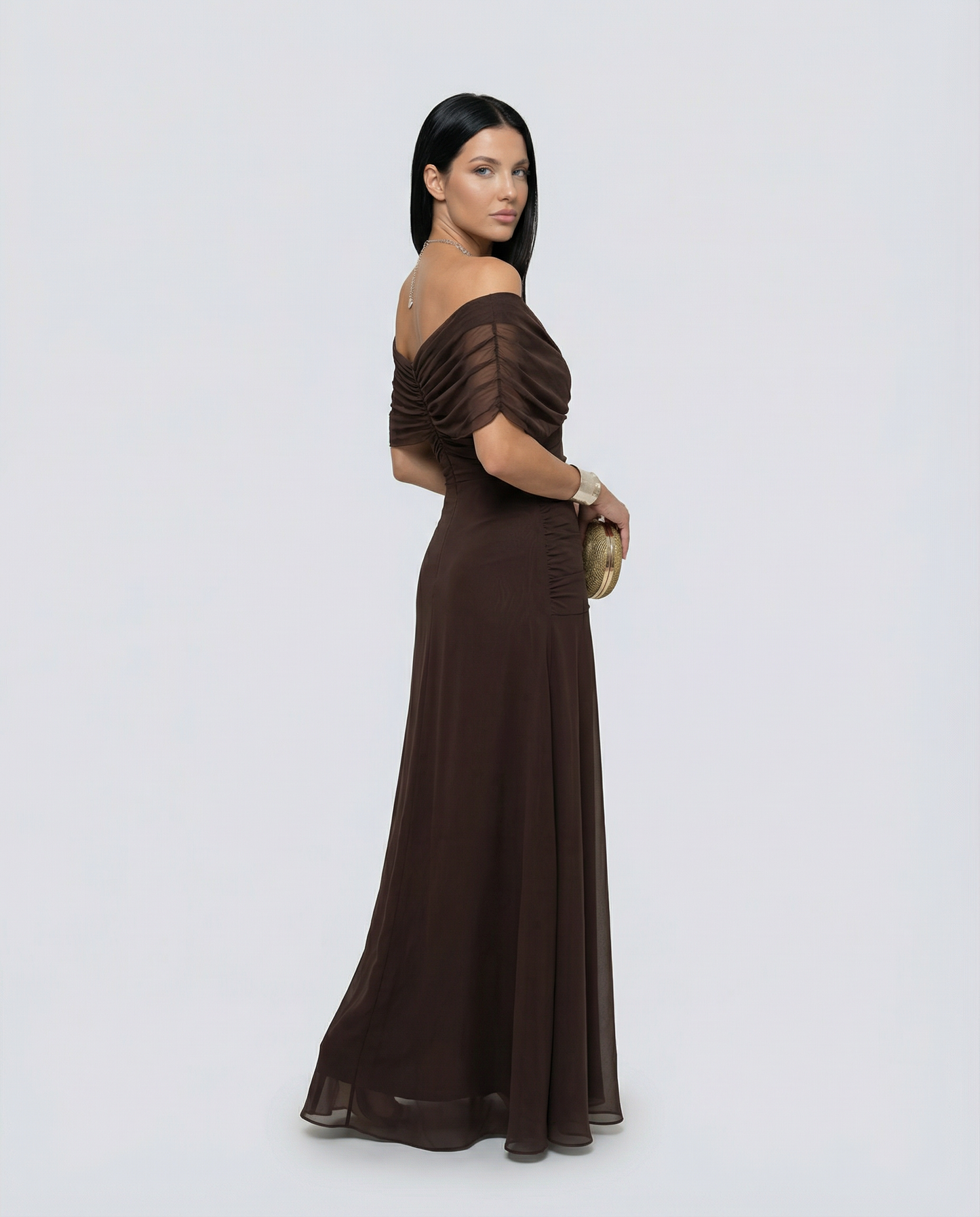 Viviane | Ruched V-Neck Chiffon Maxi Dress