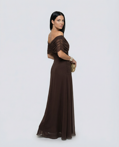 Viviane | Ruched V-Neck Chiffon Maxi Dress