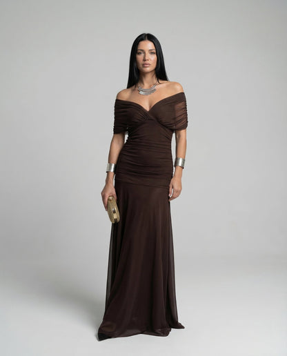 Viviane | Ruched V-Neck Chiffon Maxi Dress