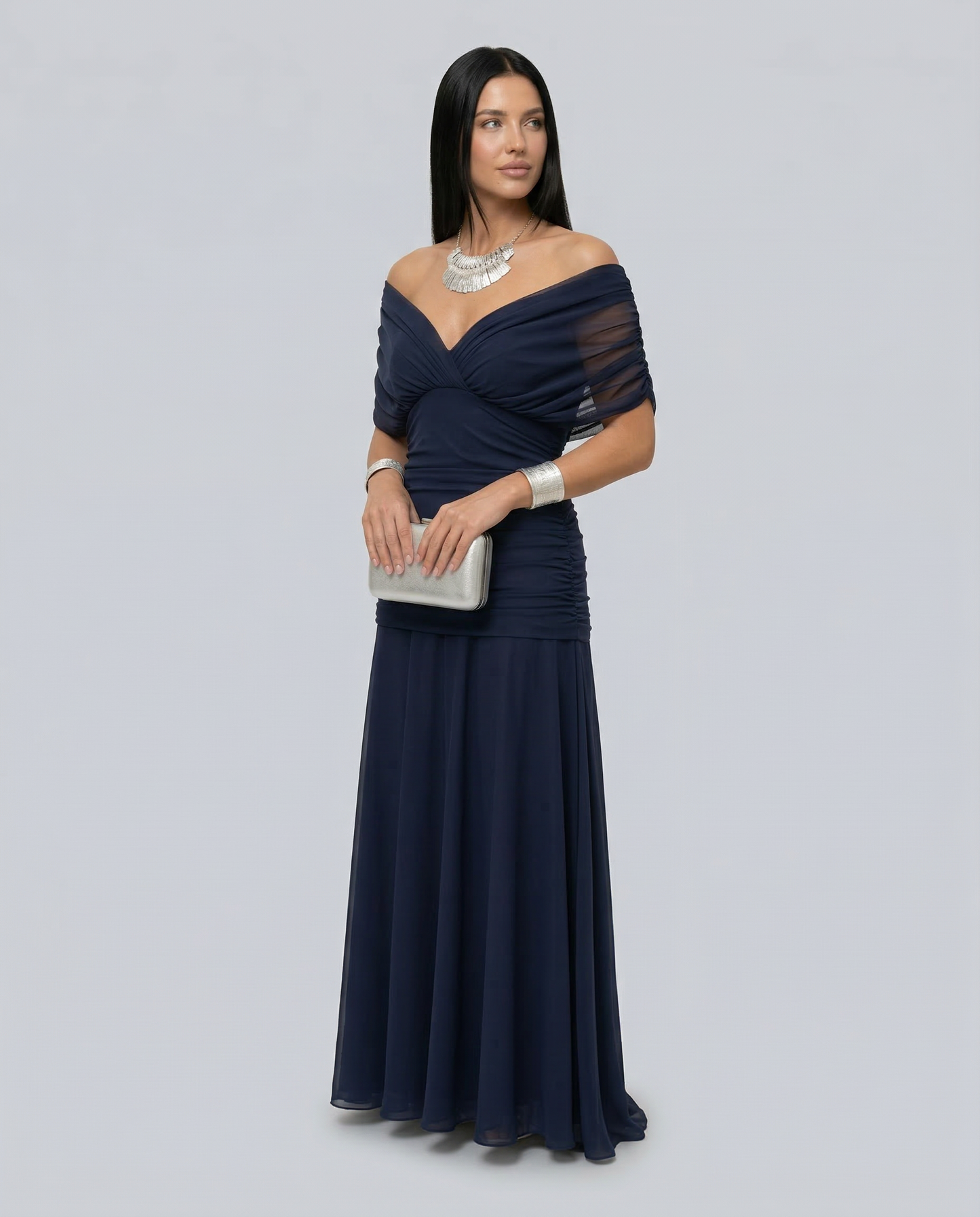 Viviane | Ruched V-Neck Chiffon Maxi Dress