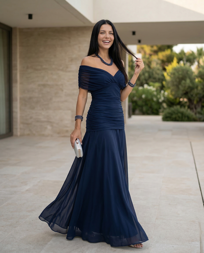 Viviane | Ruched V-Neck Chiffon Maxi Dress