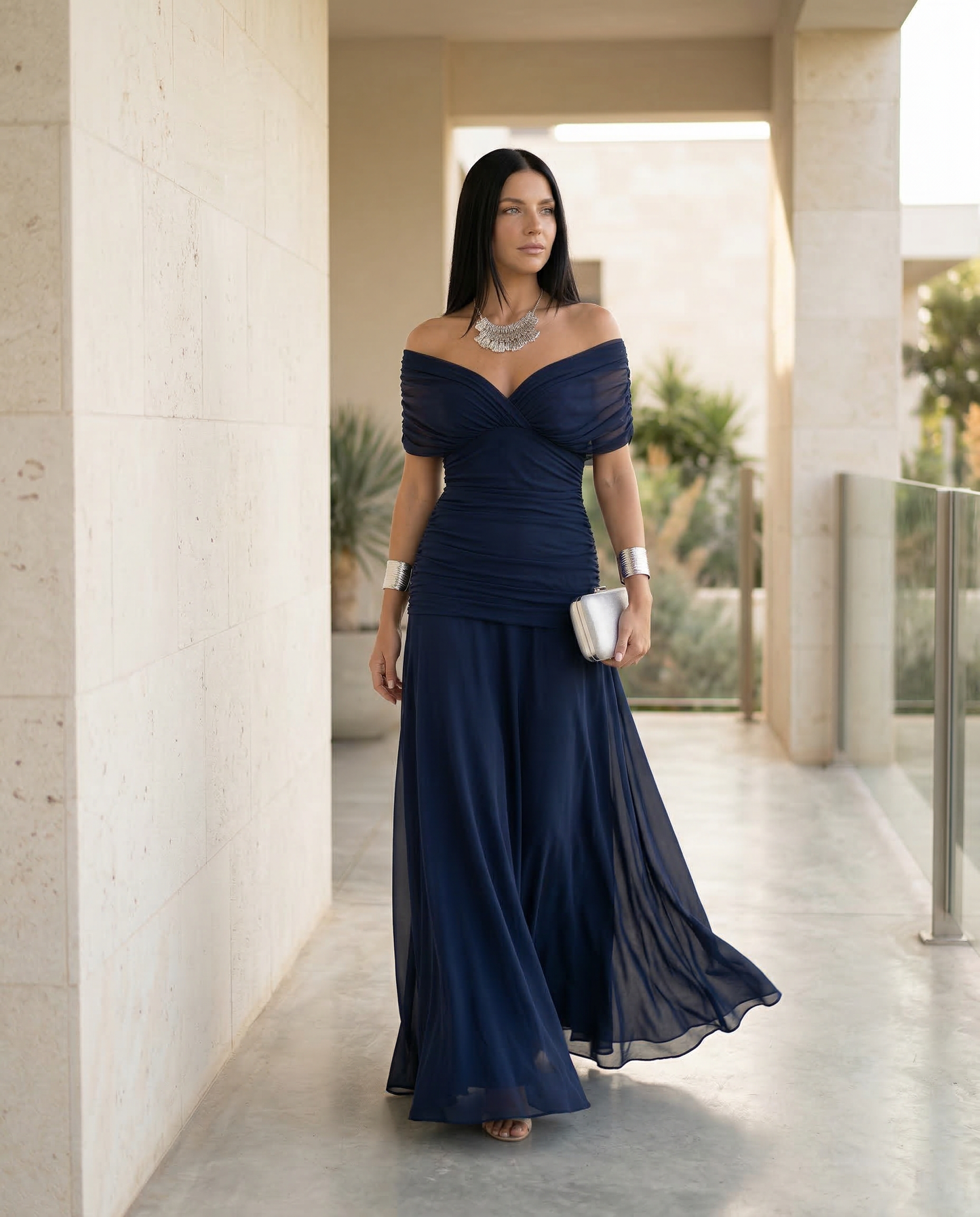 Viviane | Ruched V-Neck Chiffon Maxi Dress