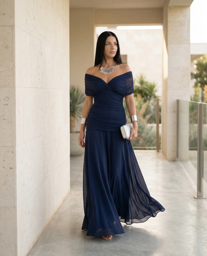 Viviane | Ruched V-Neck Chiffon Maxi Dress