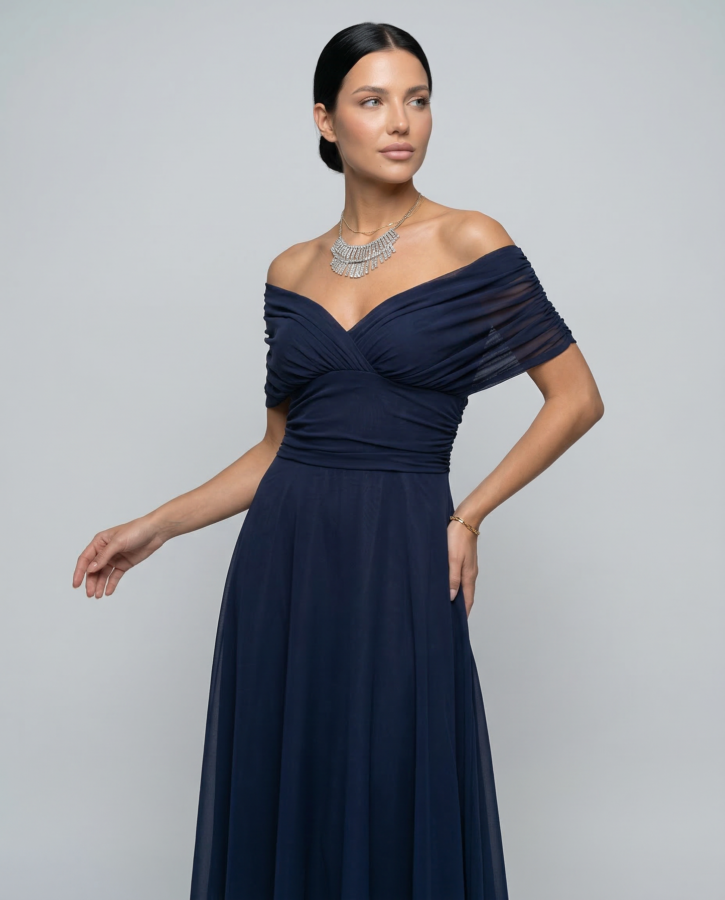 Viviane | Ruched V-Neck Chiffon Maxi Dress